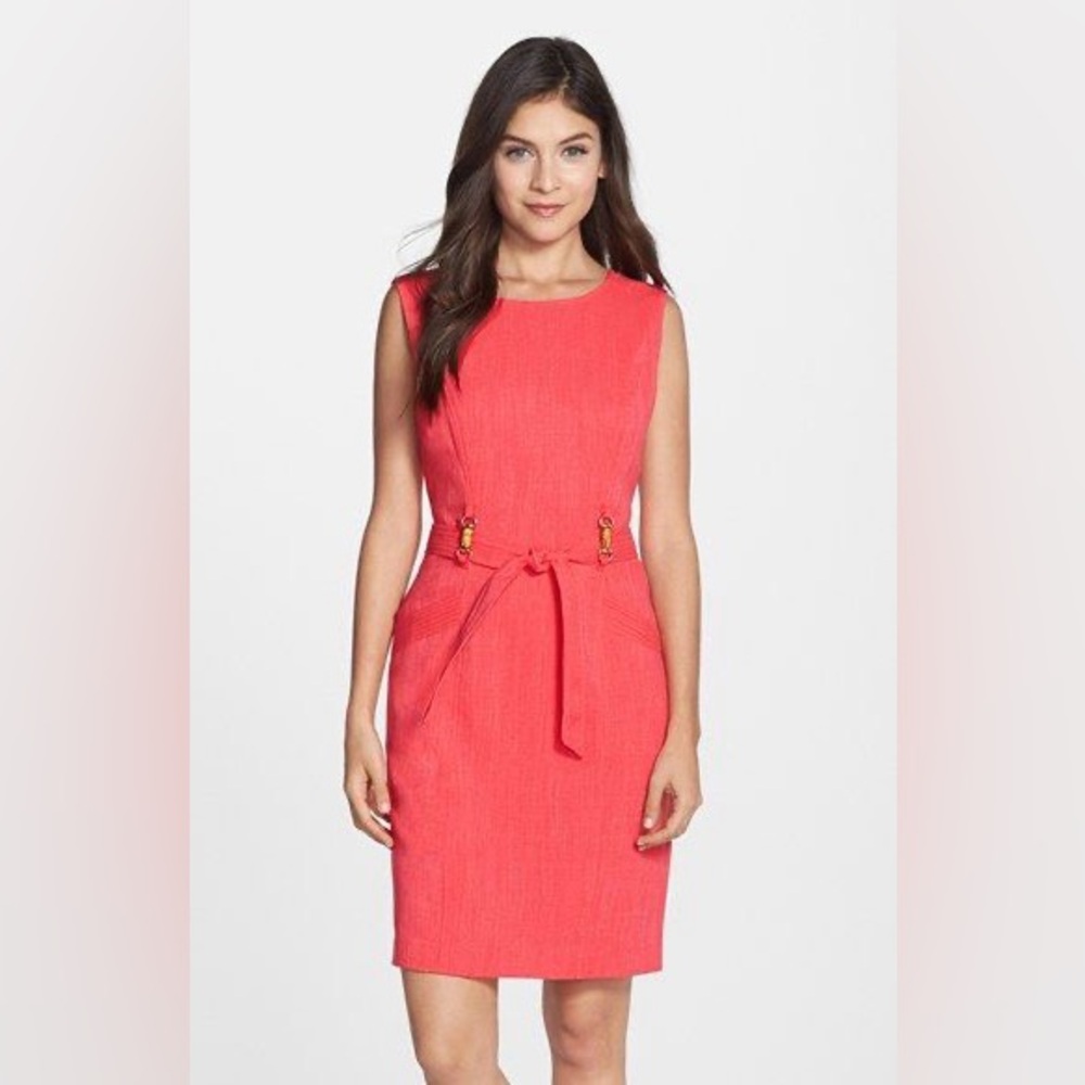Ellen Tracy Chic Sleeveless Bamboo Belted Coral Lined Suit Dress - Size 2